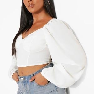 Plus Size White Balloon Sleeve Corset Style Crop Top